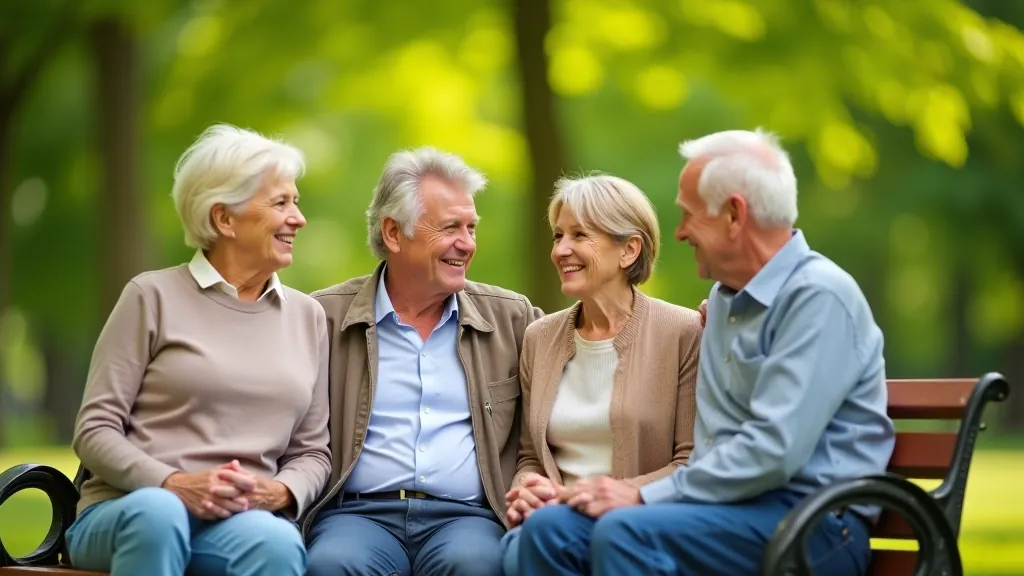 Seniori grupā sēžot uz parkā esošas sola un smaidot