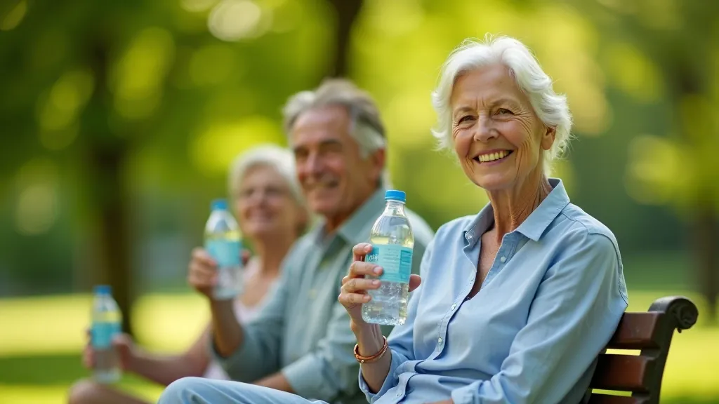Seniori sēž uz parkā esošas sola, dzer ūdeni un atpūšas pēc pastaigas