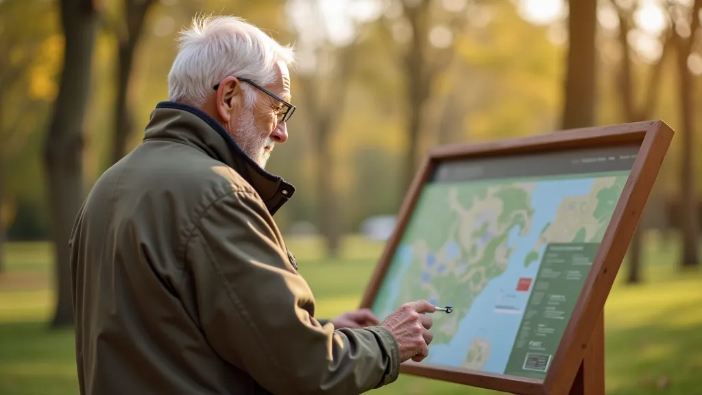 Seniori orientējas parkā, izmantojot karti un rokas žestus, brīnīga daba apkārt